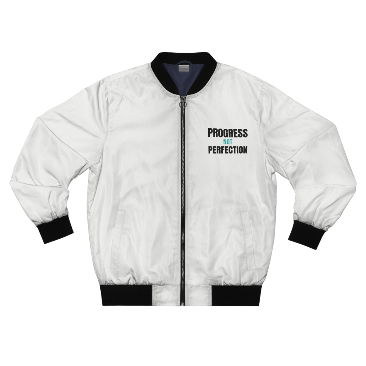 Men's Progress Not Perfection Bomber Jacket – White Motivational Gym Jacket