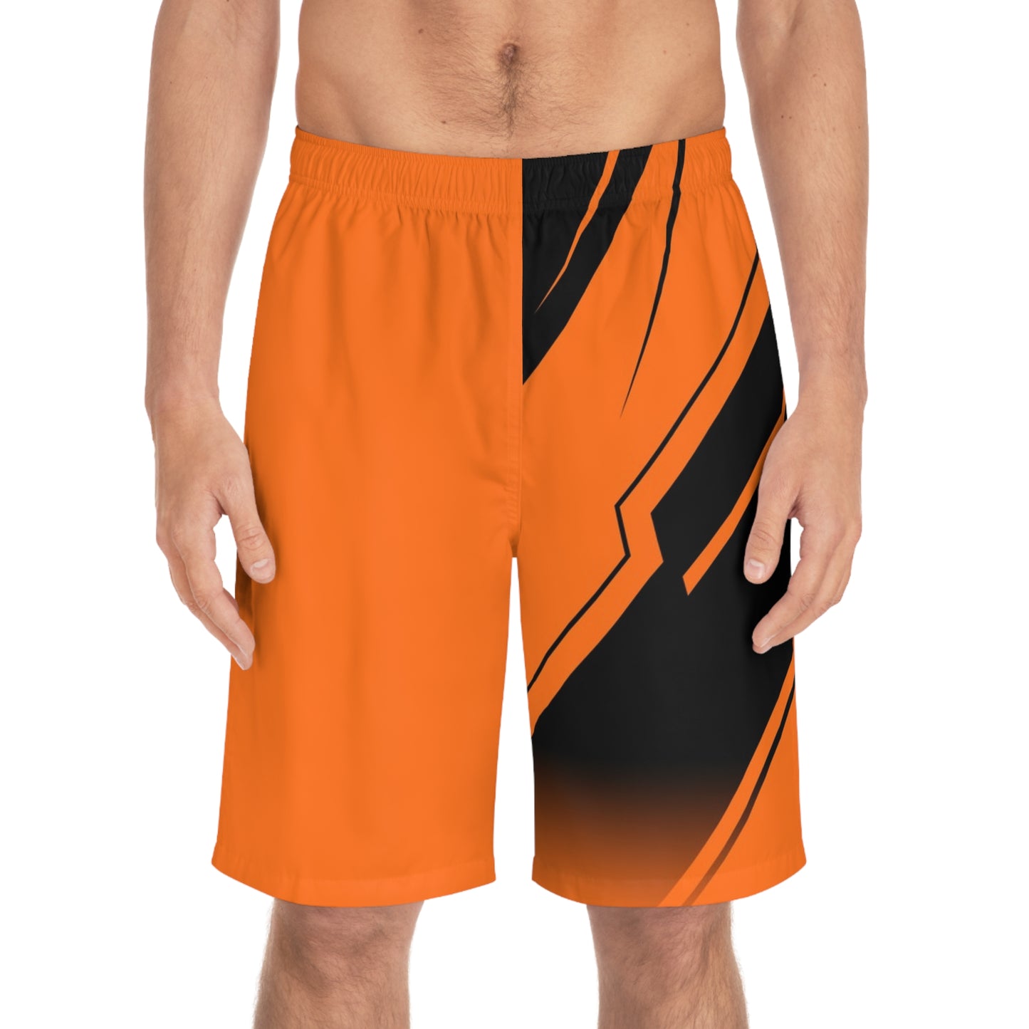 Orange & Black Geometric Board Shorts — Men's Surf Swim Trunks