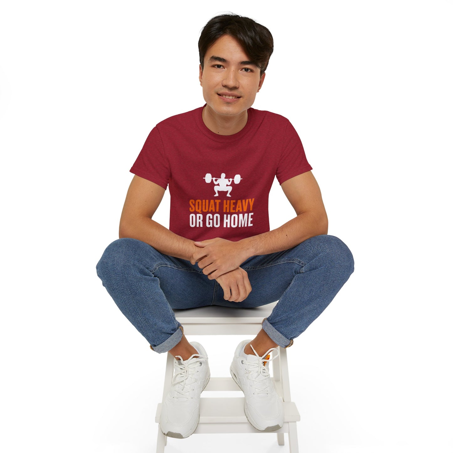 Squat Heavy Tee — Bold Orange Gym Shirt for Weightlifters & CrossFit