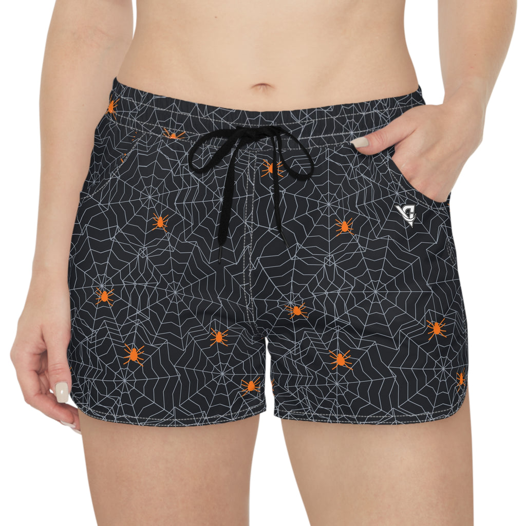 Women's Multipurpose Athletic Shorts with Pockets | Halloween Graveyard Grey Spiderweb