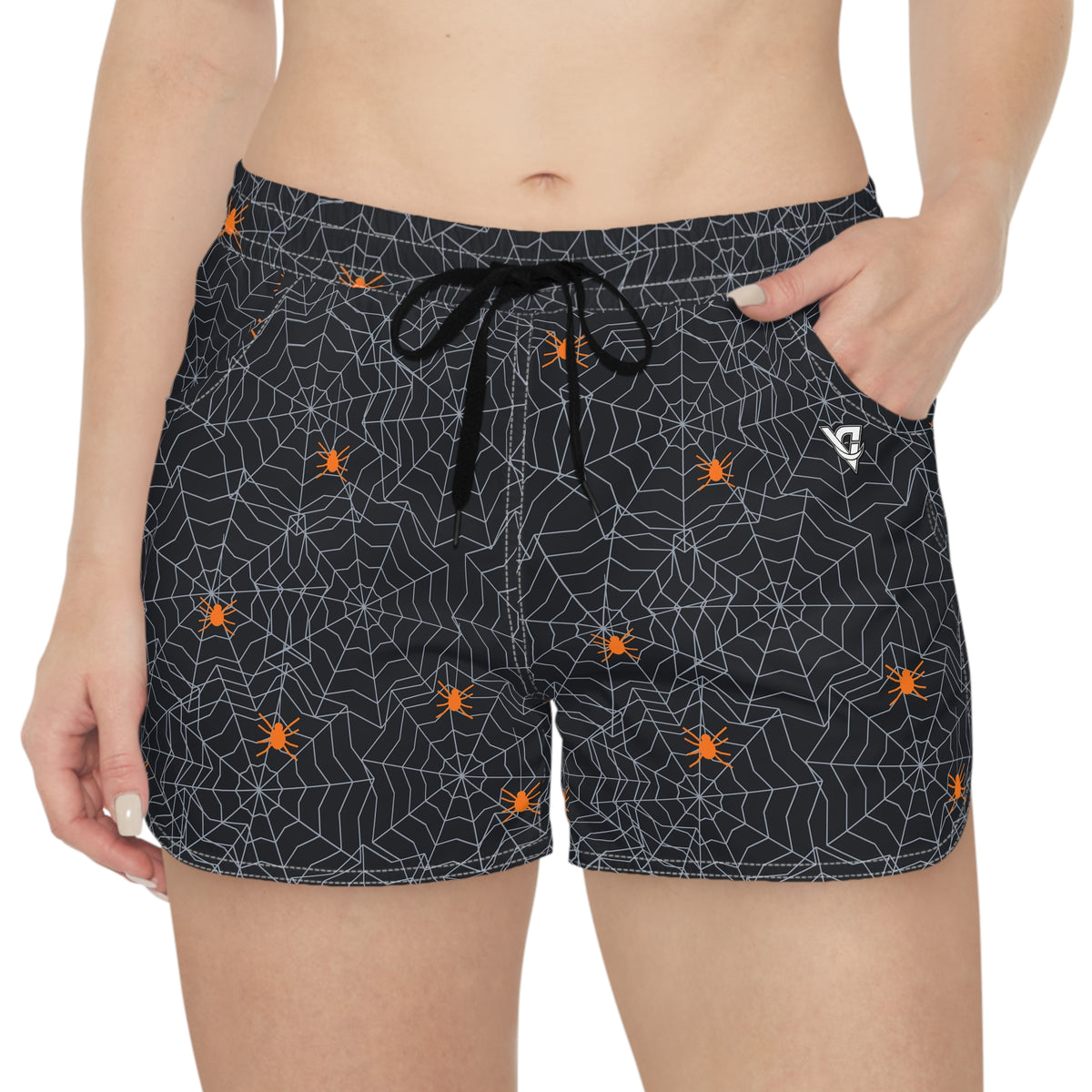 Women's Multipurpose Athletic Shorts with Pockets | Halloween Graveyard Grey Spiderweb