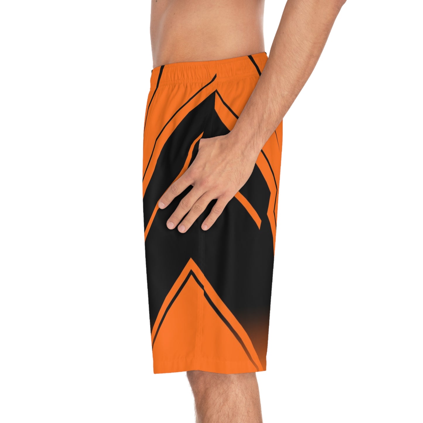 Orange & Black Geometric Board Shorts — Men's Surf Swim Trunks