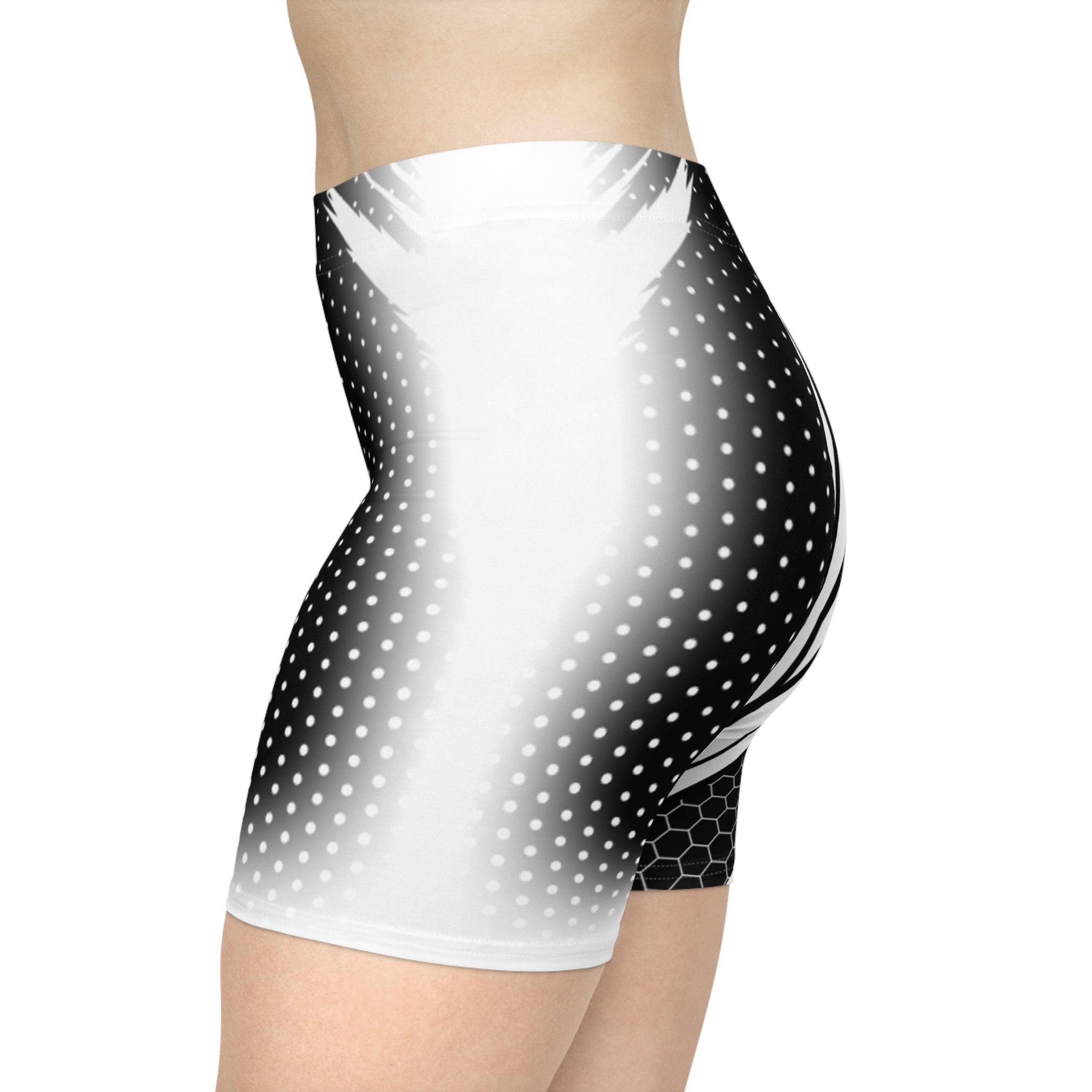 Black & White Geometric Biker Shorts — Abstract Stripes & Honeycomb Activewear