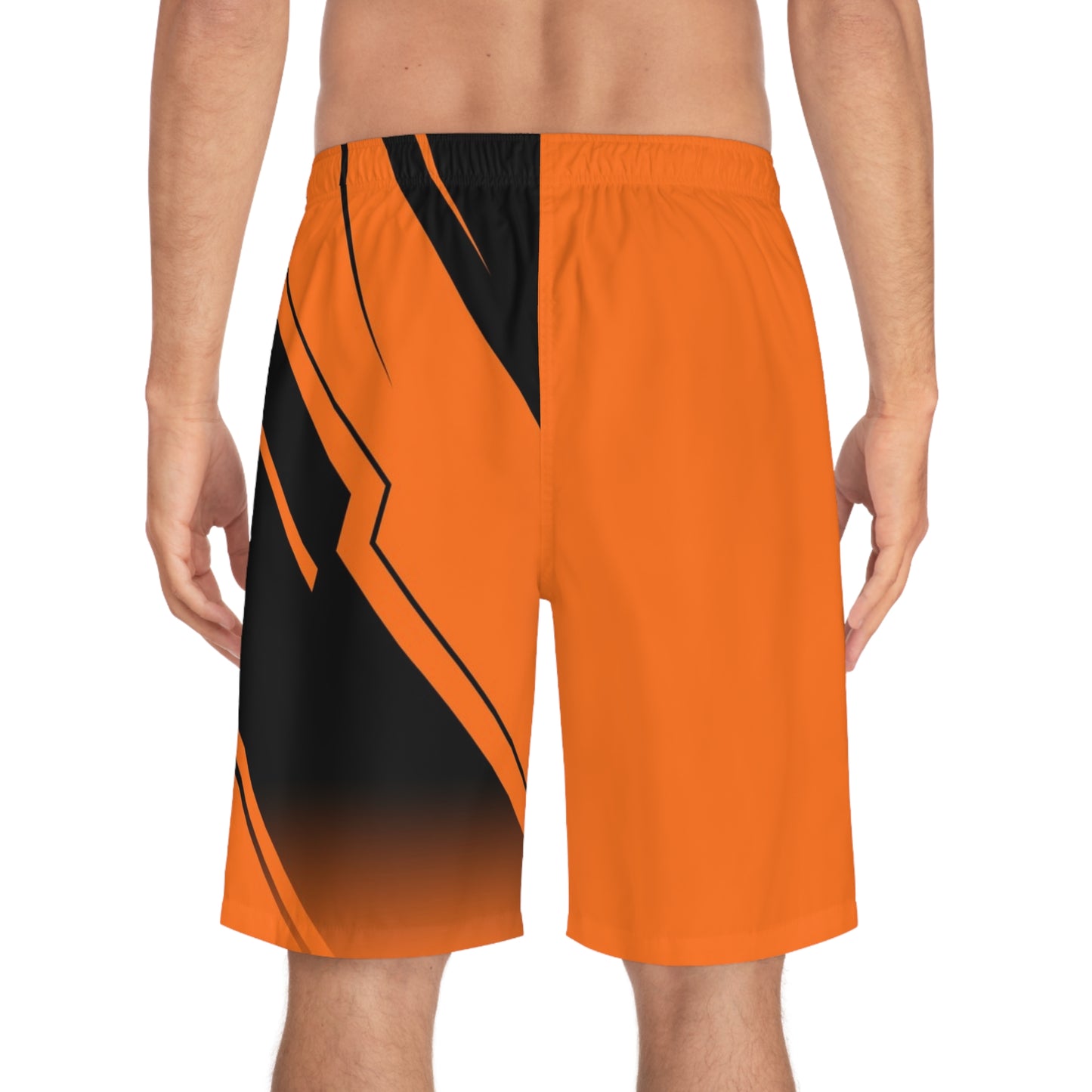 Orange & Black Geometric Board Shorts — Men's Surf Swim Trunks