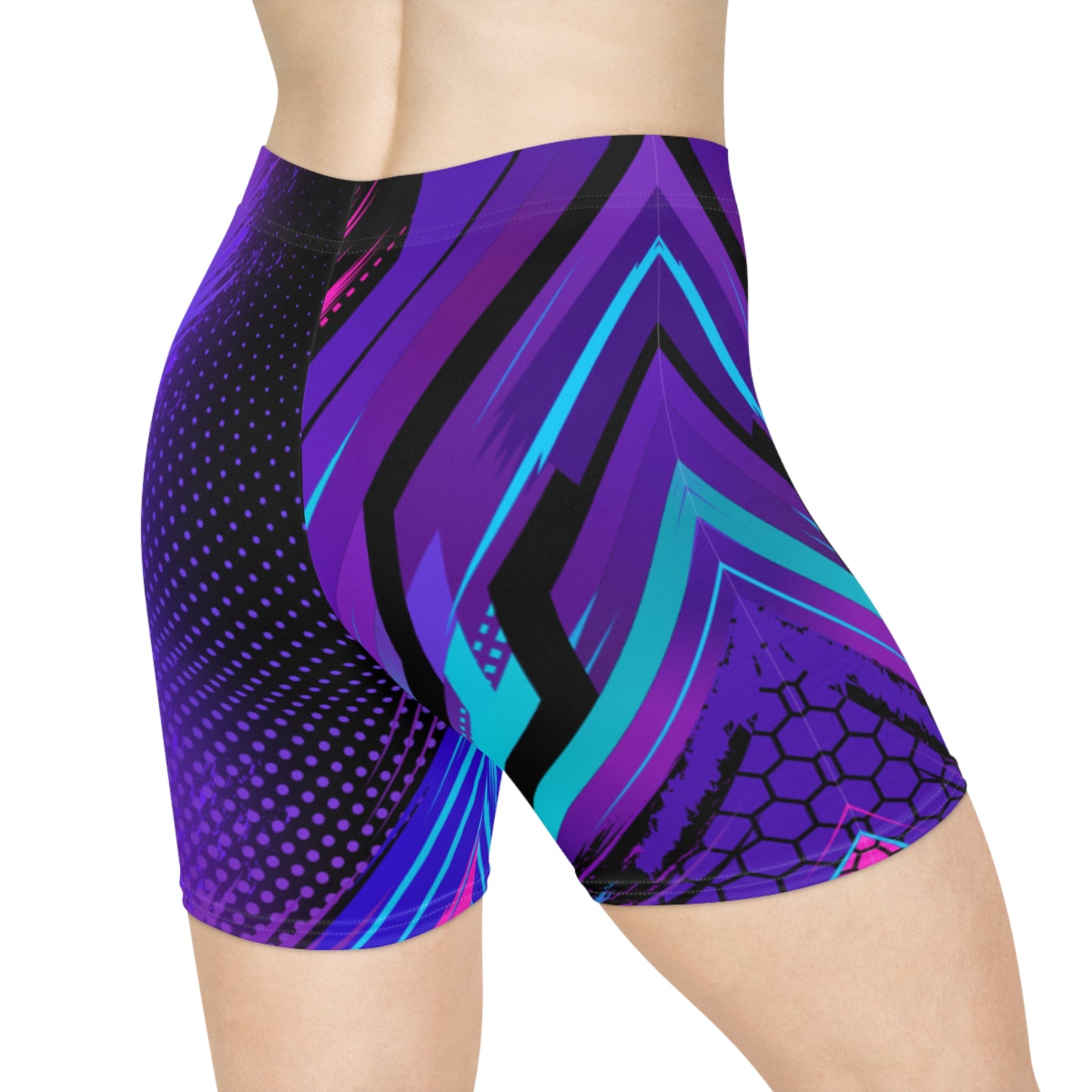 Cyber Circuit Biker Shorts - Purple & Teal Tech Geometric Activewear