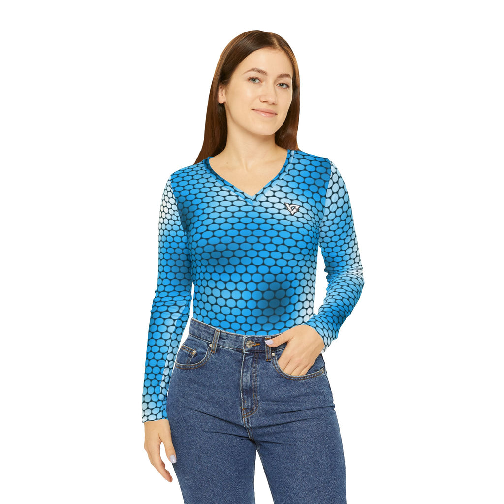 Aqua Serpent Scale Women's Long Sleeve V-Neck Athletic Top