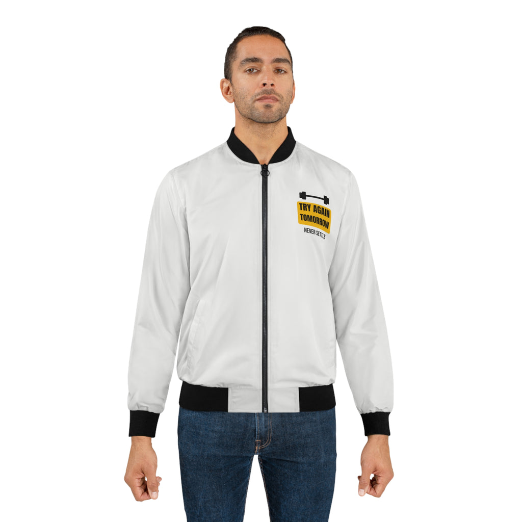 Men's Try Again Tomorrow Bomber Jacket – White Motivational Gym Jacket