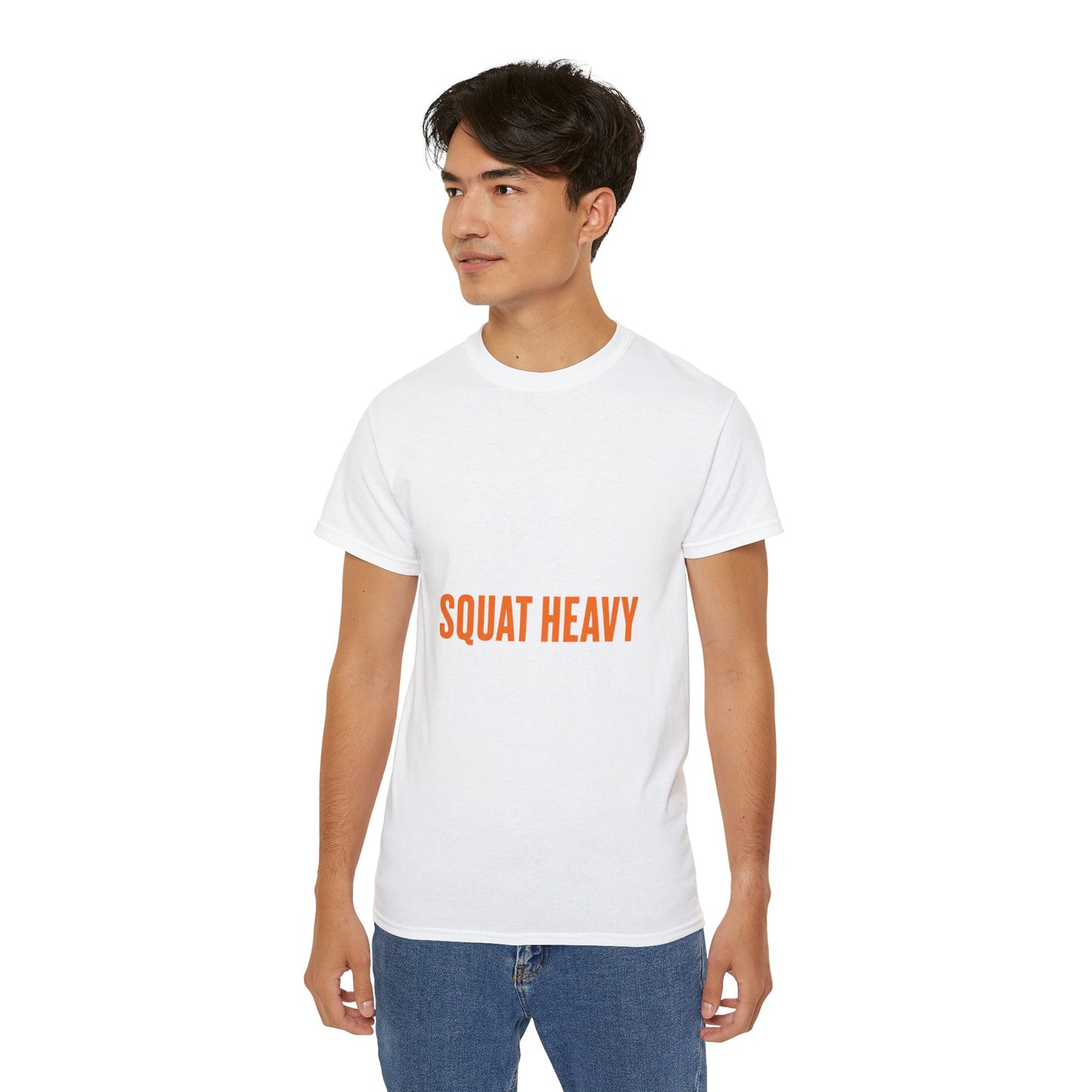 Squat Heavy Tee — Bold Orange Gym Shirt for Weightlifters & CrossFit