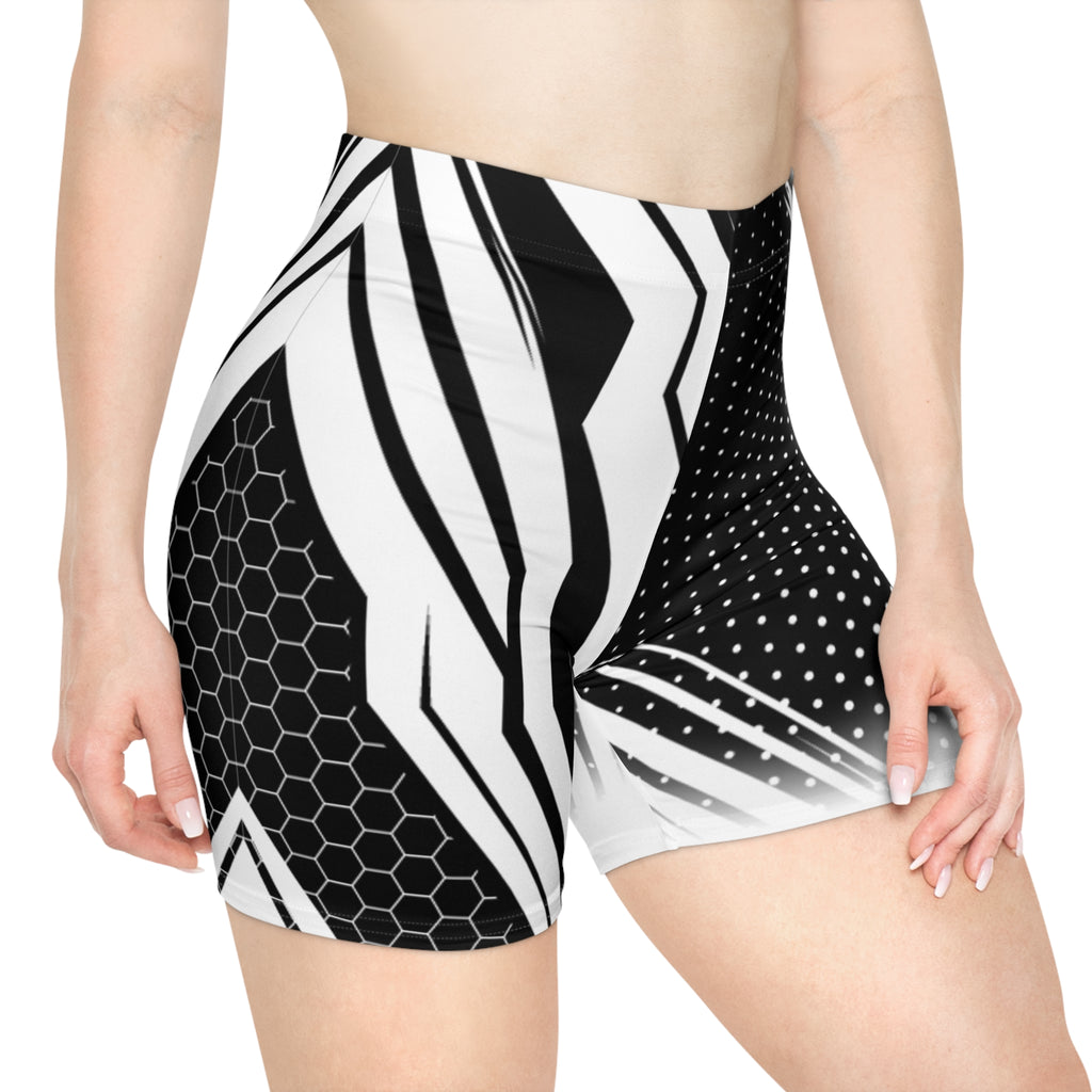 Black & White Geometric Biker Shorts — Abstract Stripes & Honeycomb Activewear