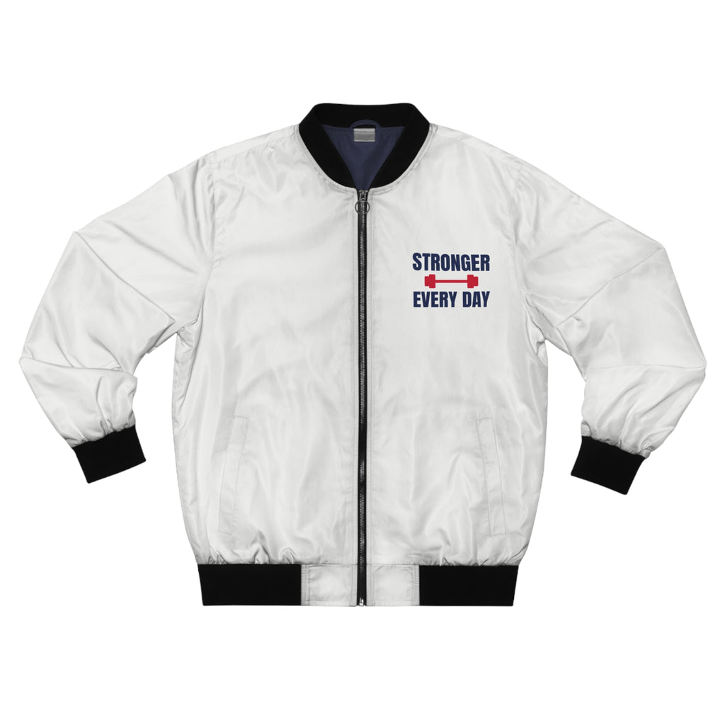 Men's Stronger Every Day Bomber Jacket – White Motivational Gym Jacket