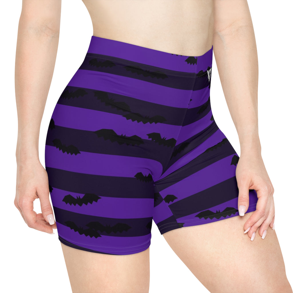 Halloween Witching Purple Bat Stripe Women's Biker Shorts — High-Waist Workout Shorts