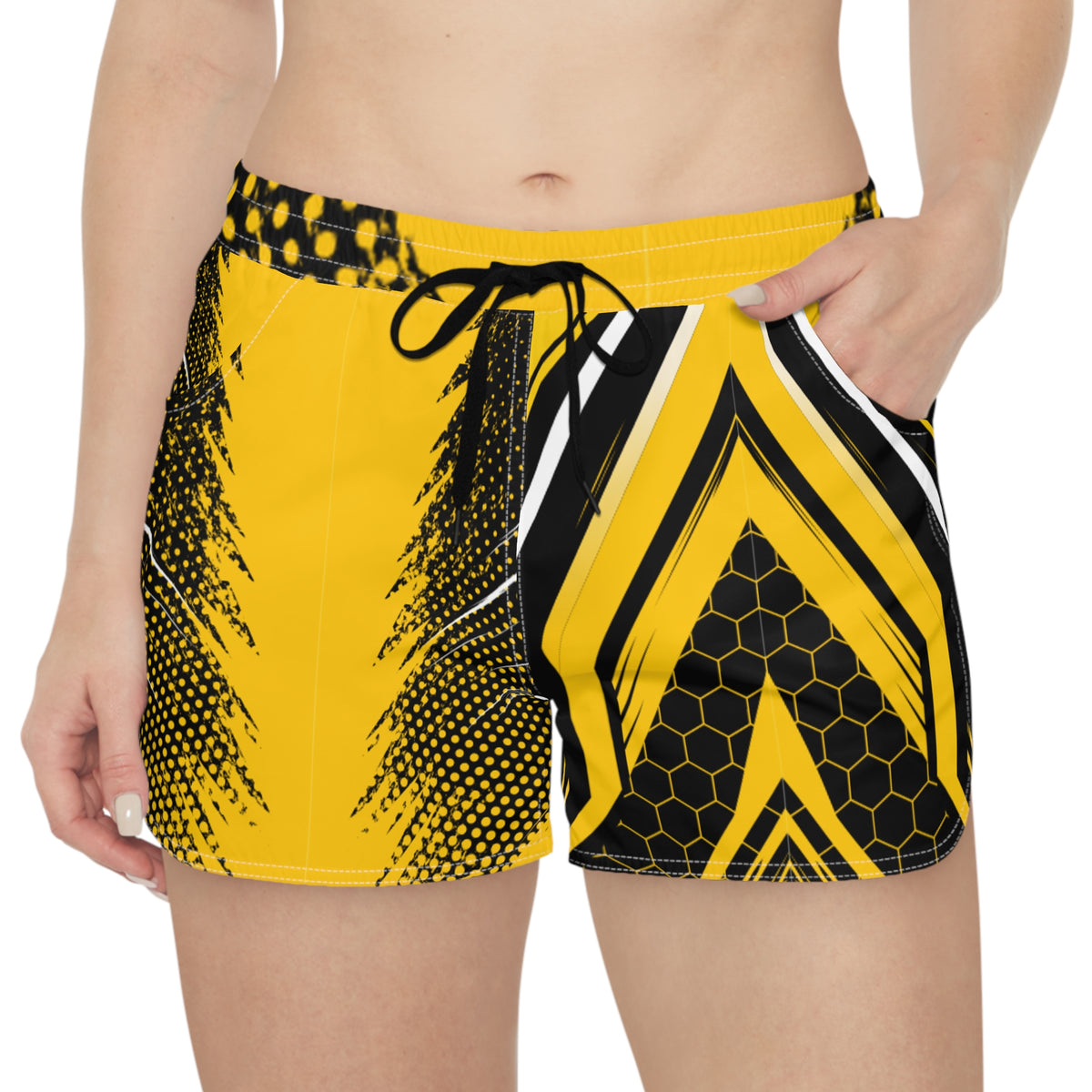 Women's Multipurpose Athletic Shorts with Pockets – Honeycomb Strike Yellow & Black