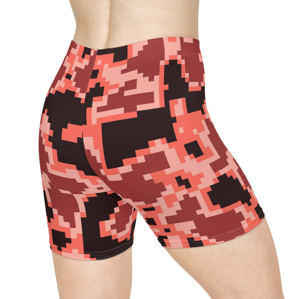 Coral Digital Camo Women's Biker Shorts — High-Waist Workout Shorts