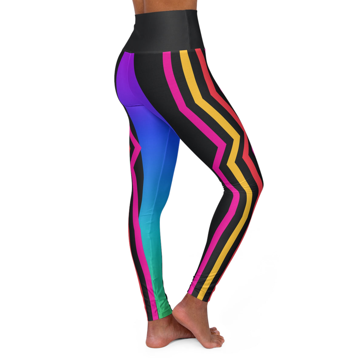 High-Waist Colorblock Yoga Leggings — Neon Gradient Stripes