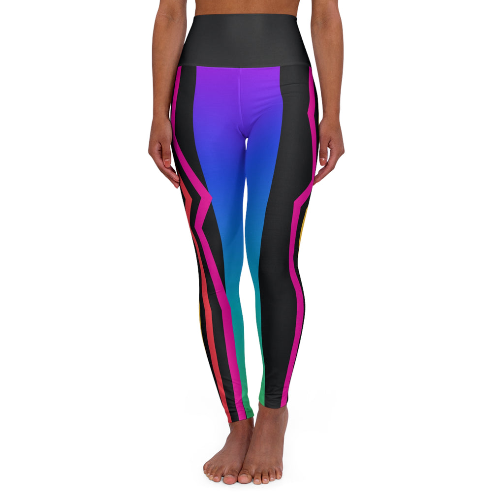High-Waist Colorblock Yoga Leggings — Neon Gradient Stripes