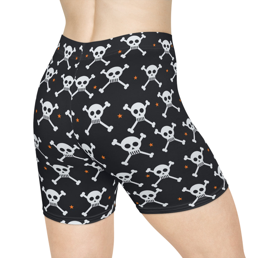 Halloween Graveyard Grey Skull & Crossbones Women's Biker Shorts — High-Waist Workout Shorts