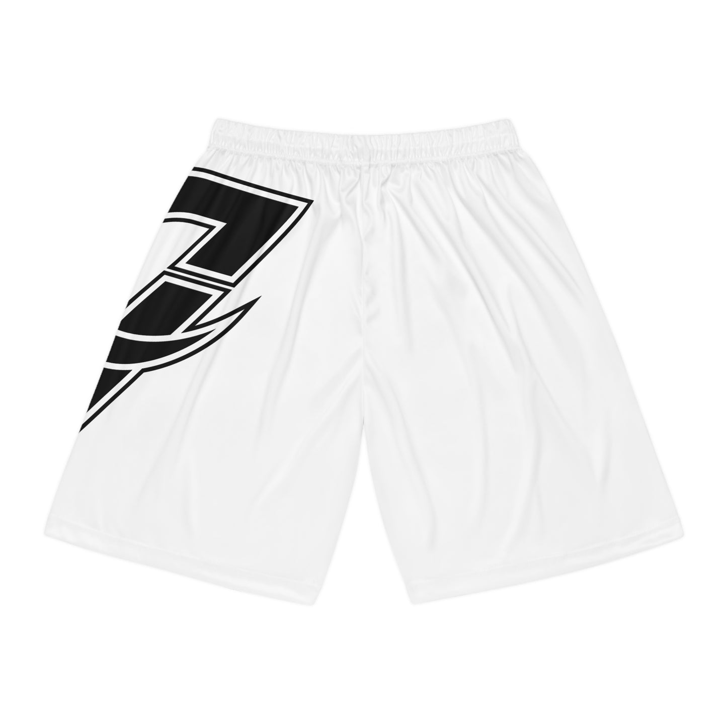 White Basketball Shorts with Bold Black Side Logo — Athletic Teamwear