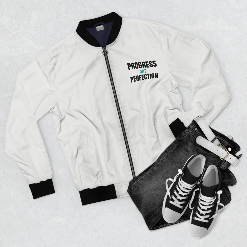 Men's Progress Not Perfection Bomber Jacket – White Motivational Gym Jacket