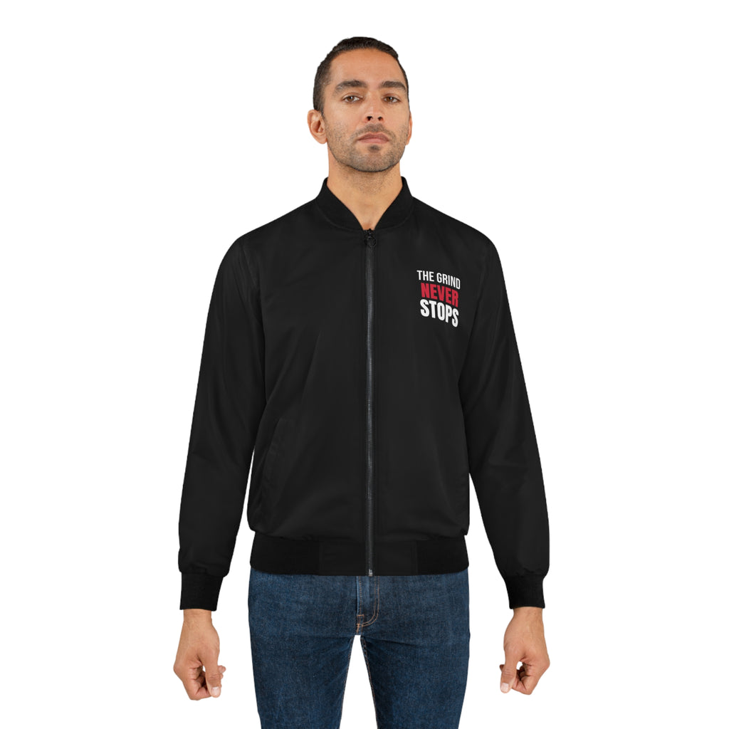 Men's The Grind Never Stops Bomber Jacket – Black Motivational Gym Jacket