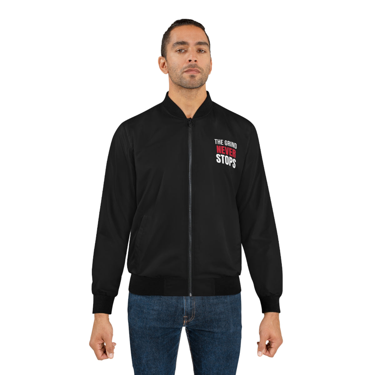 Men's The Grind Never Stops Bomber Jacket – Black Motivational Gym Jacket