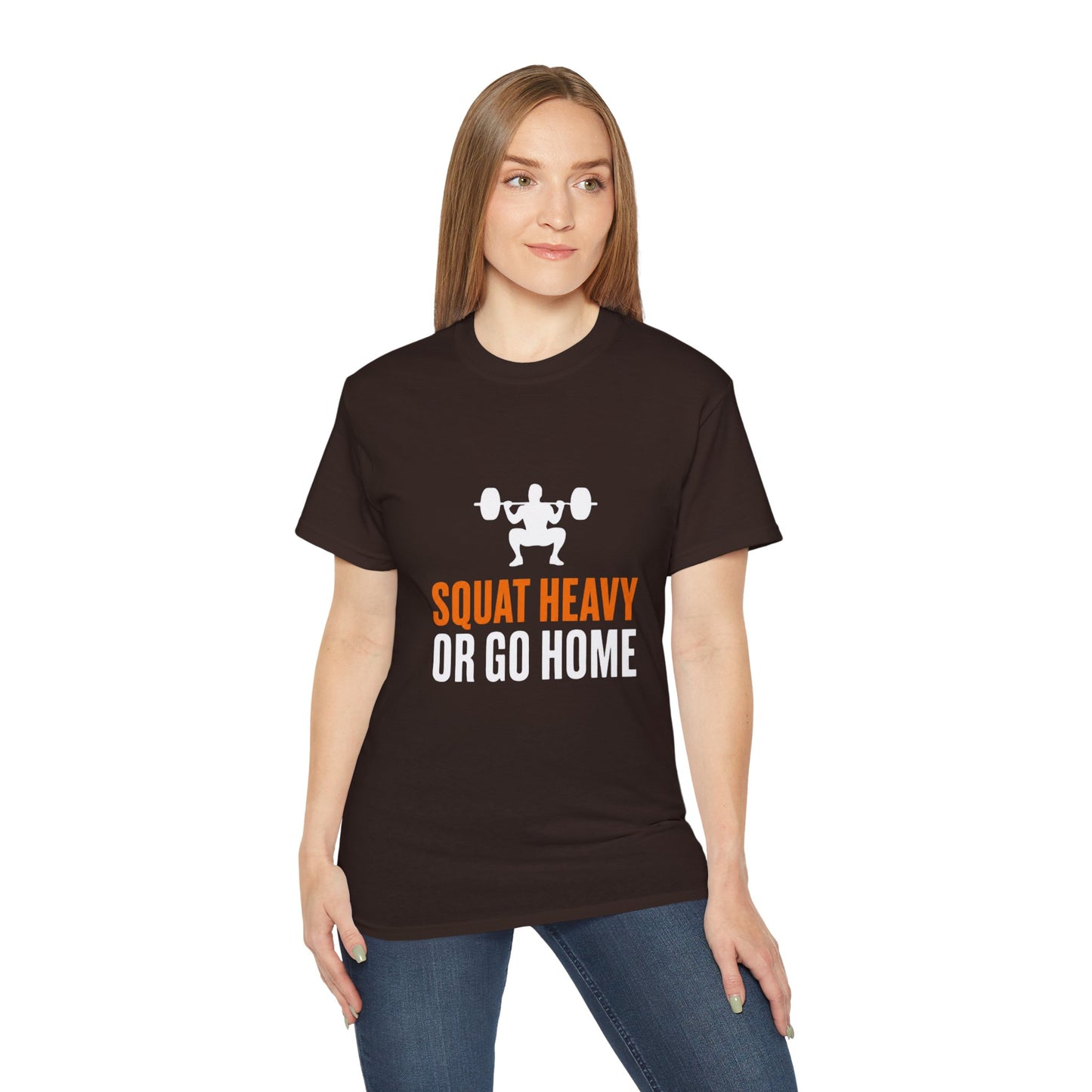 Squat Heavy Tee — Bold Orange Gym Shirt for Weightlifters & CrossFit