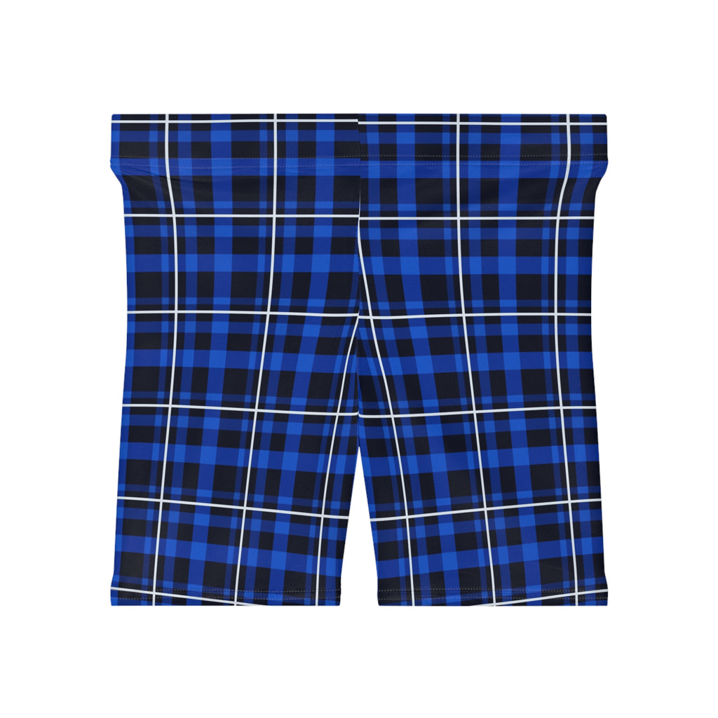 Cobalt Plaid Women's Biker Shorts — High-Waist Workout Shorts