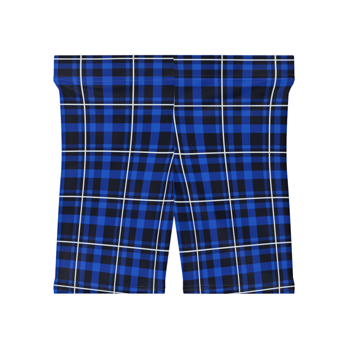 Cobalt Plaid Women's Biker Shorts — High-Waist Workout Shorts