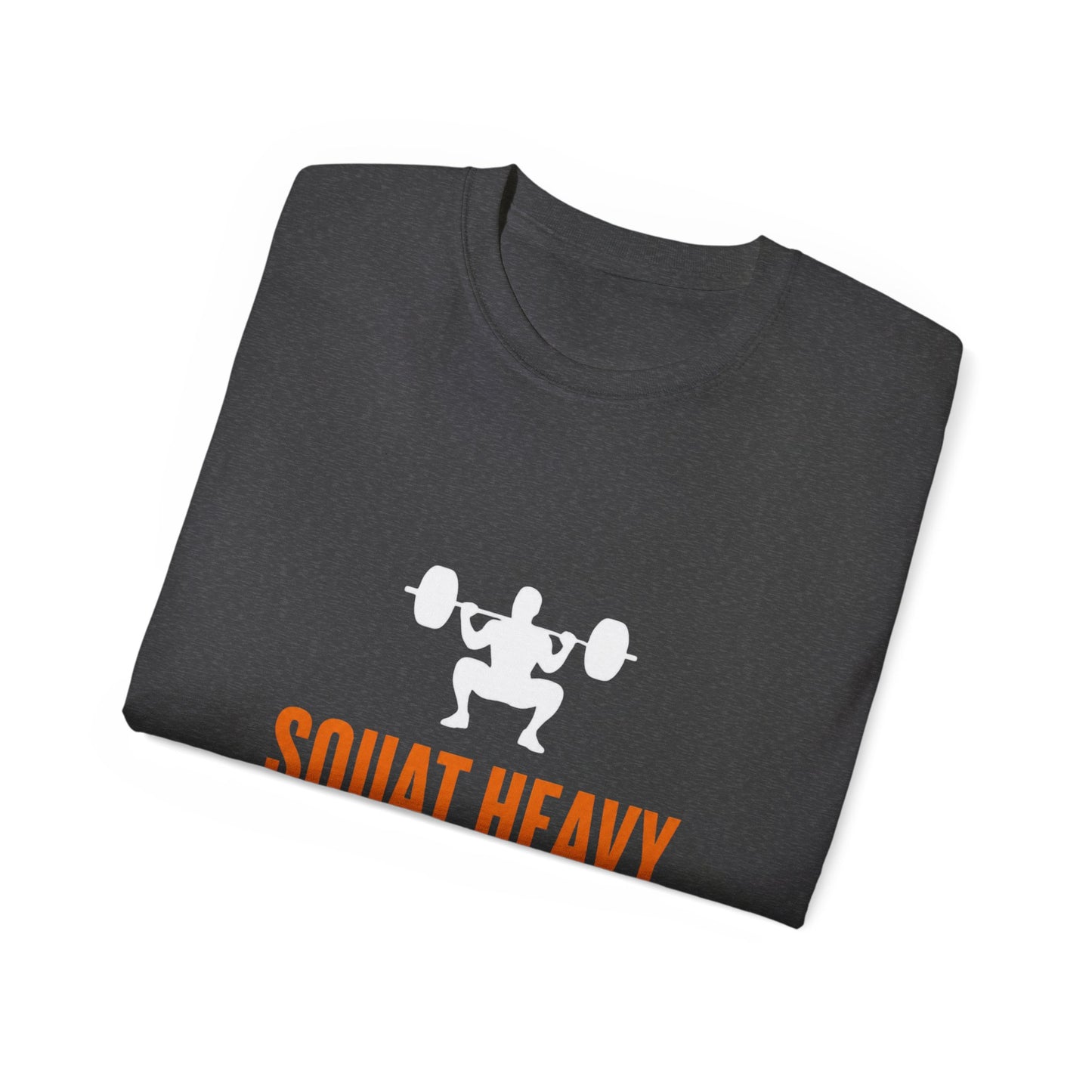 Squat Heavy Tee — Bold Orange Gym Shirt for Weightlifters & CrossFit
