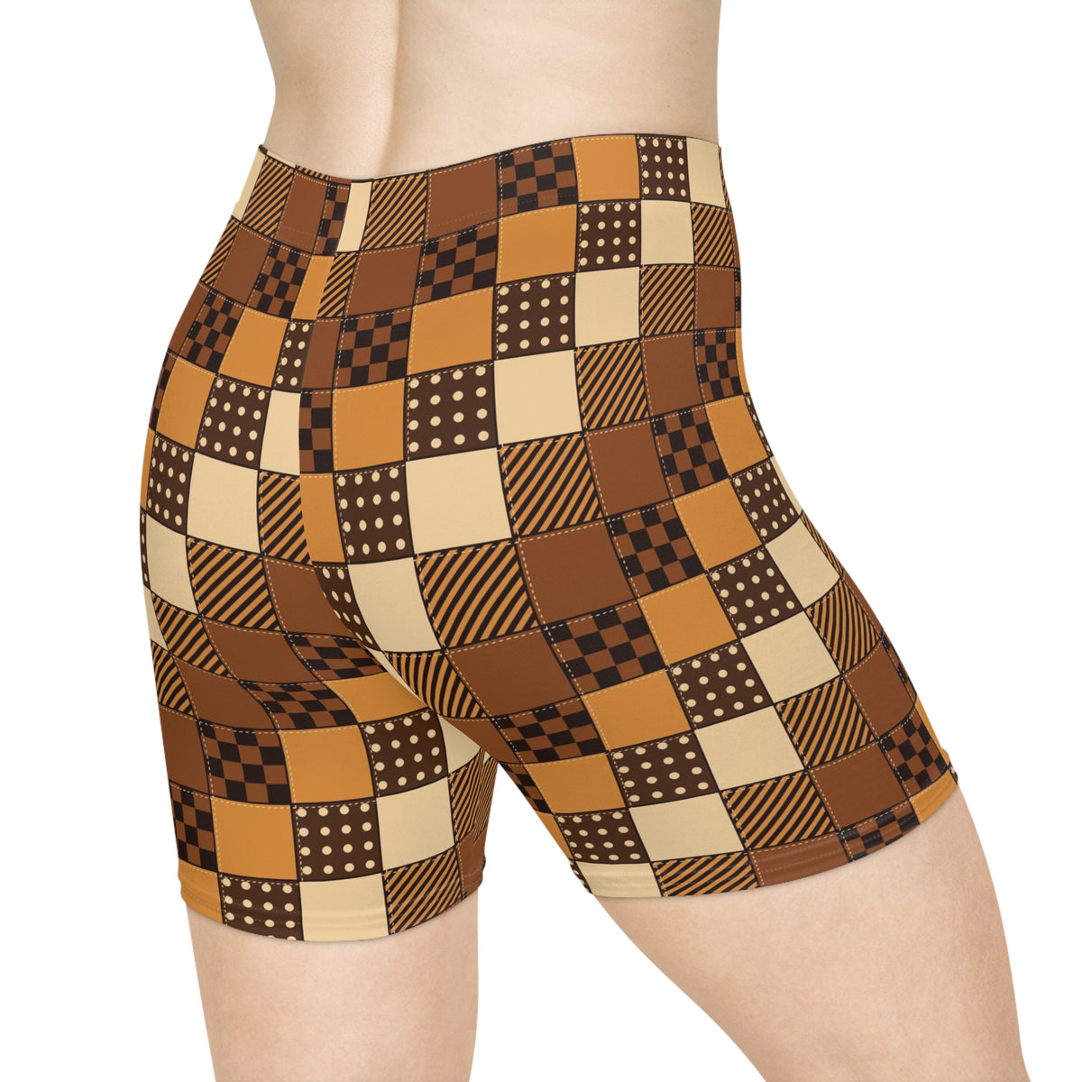 Cider Patchwork Women's Biker Shorts — High-Waist Workout Shorts
