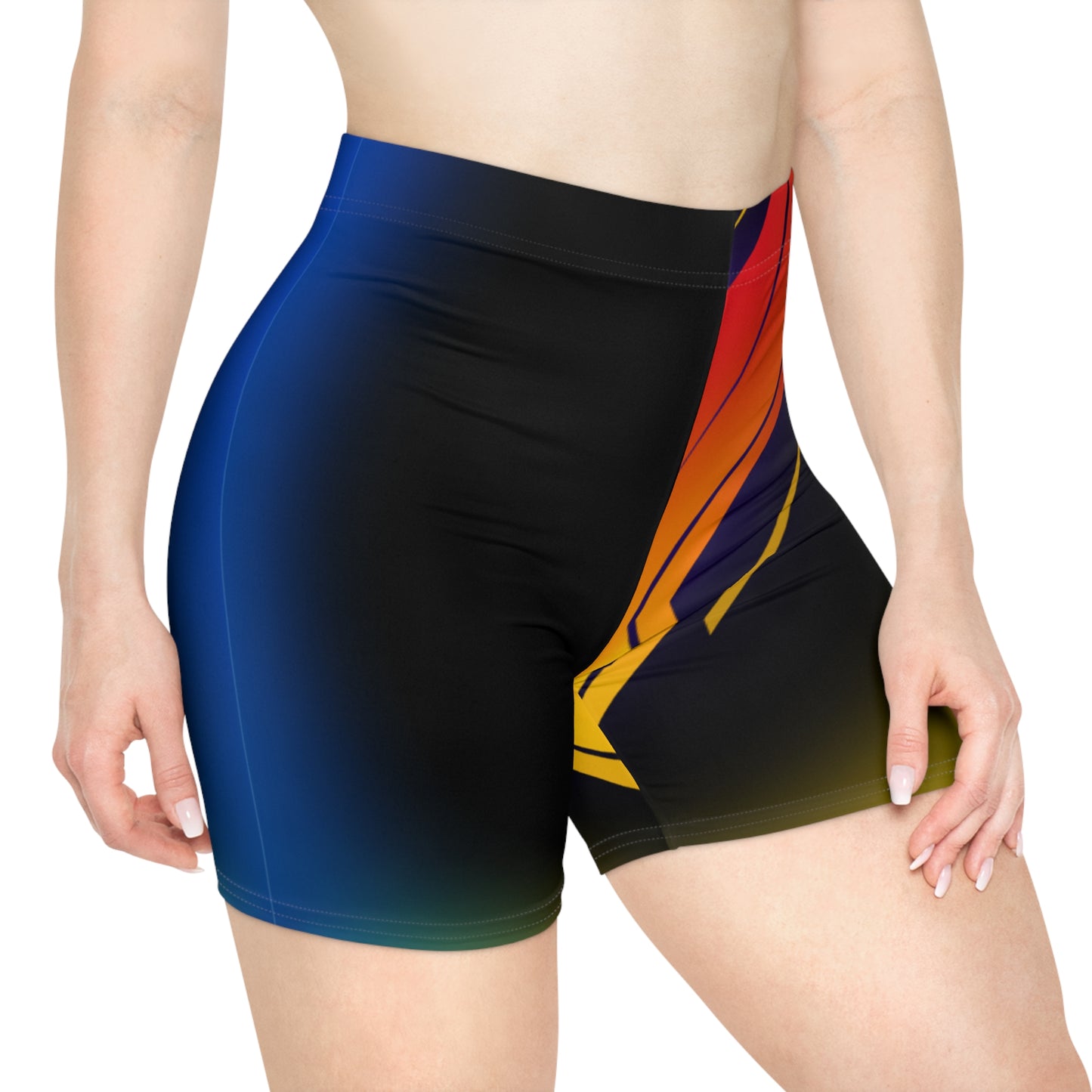 Electric Sunset Biker Shorts | Blue-to-Orange Gradient Geometric Activewear