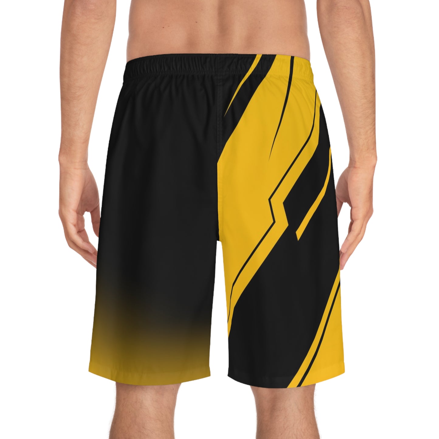 Yellow & Black Geometric Board Shorts — Men's Athletic Swim Trunks