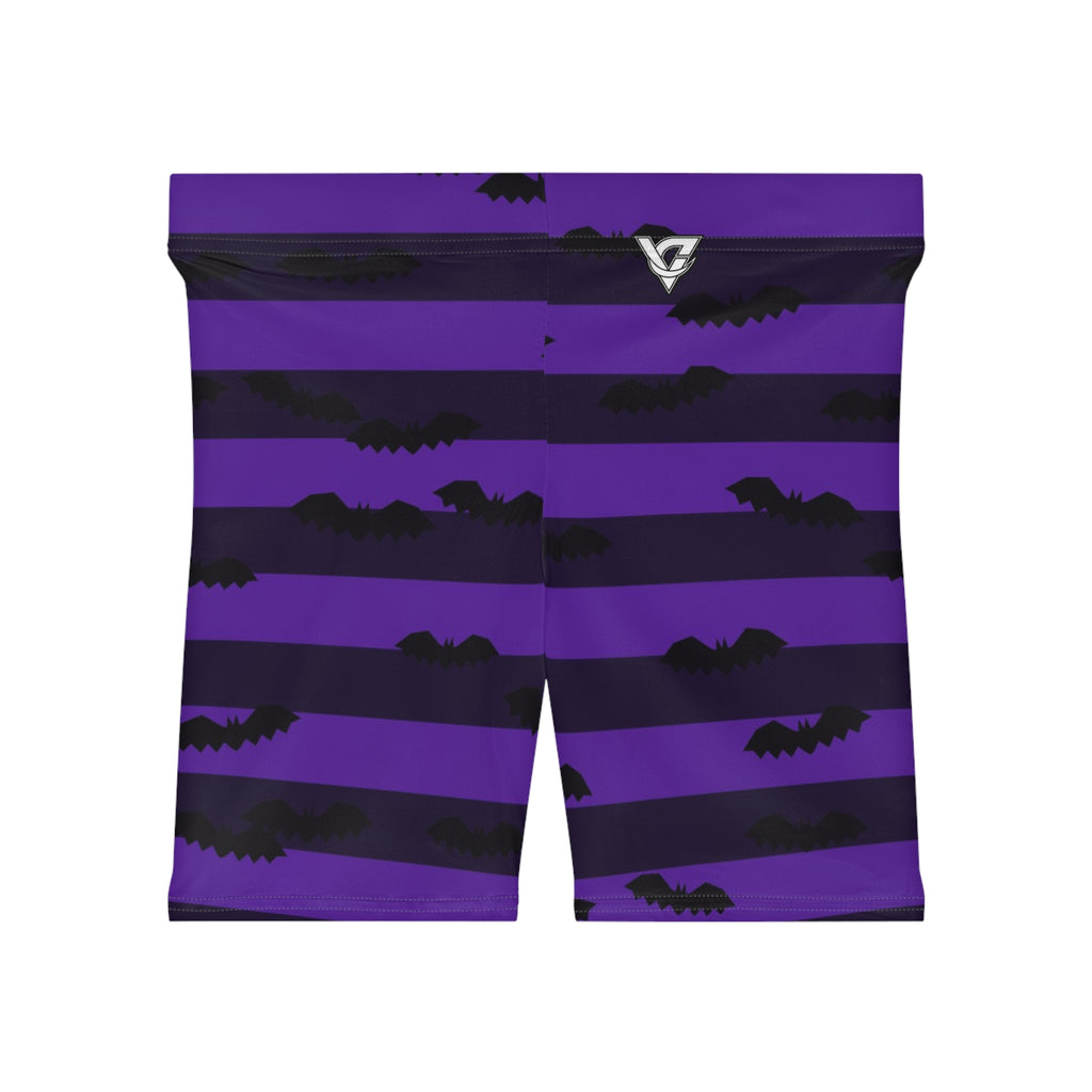 Halloween Witching Purple Bat Stripe Women's Biker Shorts — High-Waist Workout Shorts