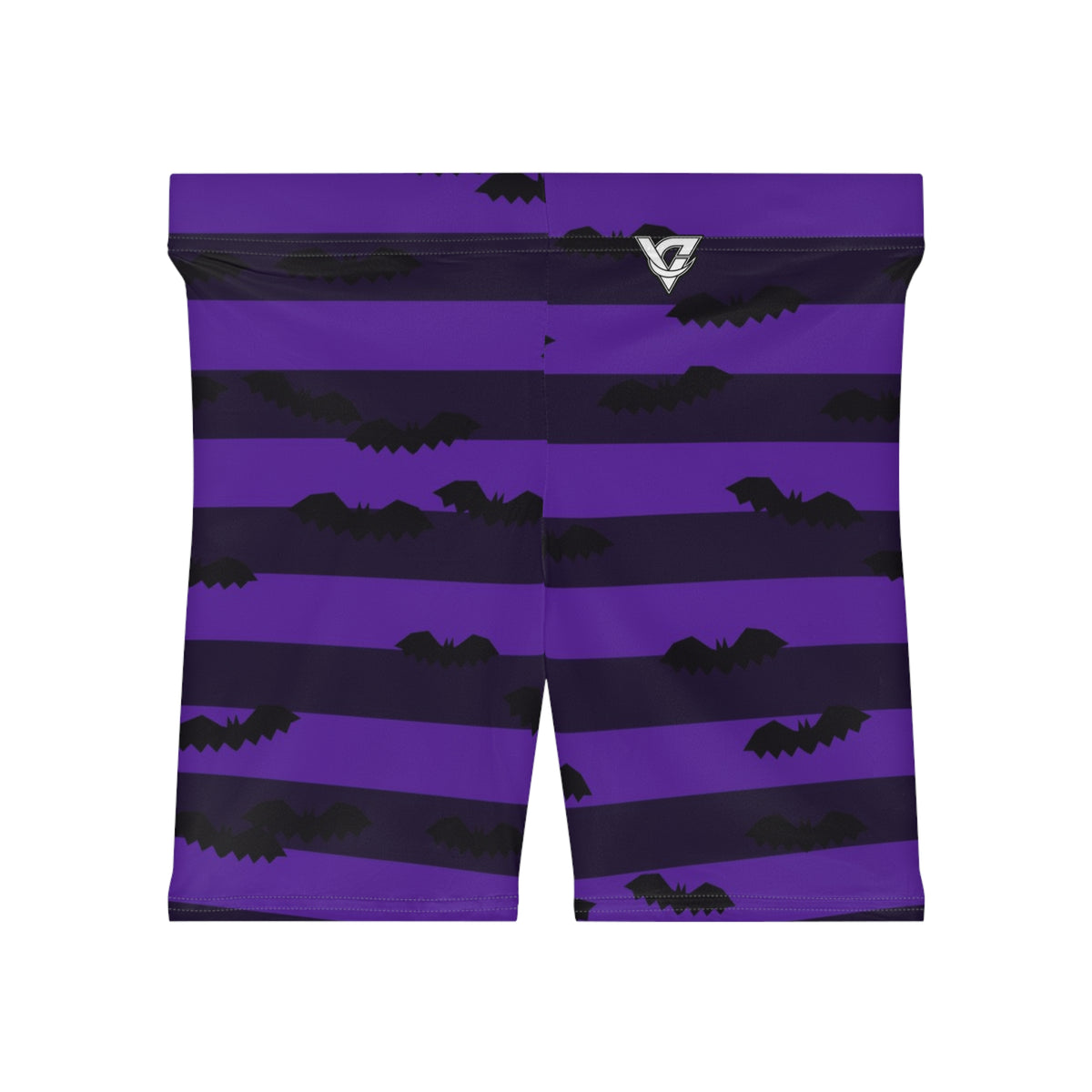 Halloween Witching Purple Bat Stripe Women's Biker Shorts — High-Waist Workout Shorts