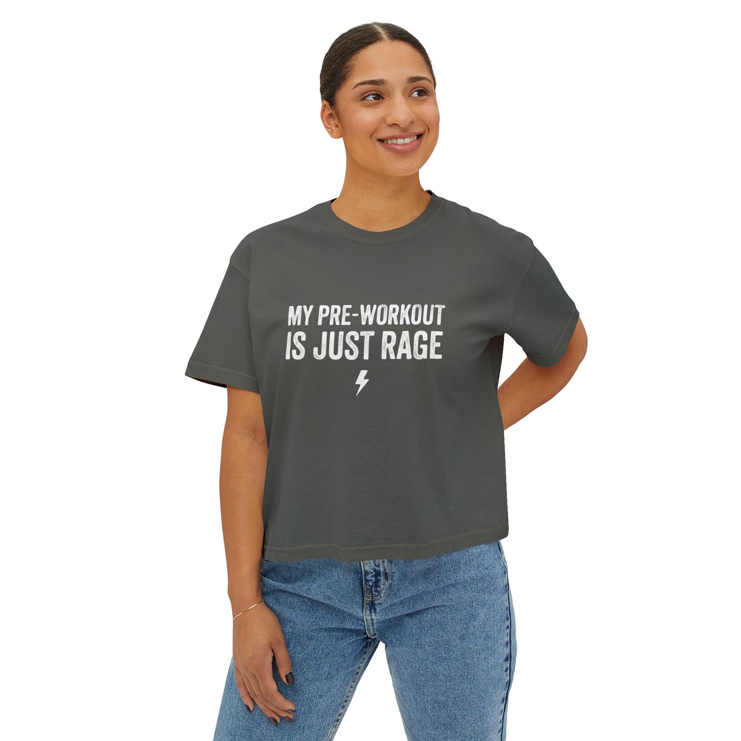 Women’s Boxy Tee — “My Pre-Workout Is Just Rage” Gym Crop Top