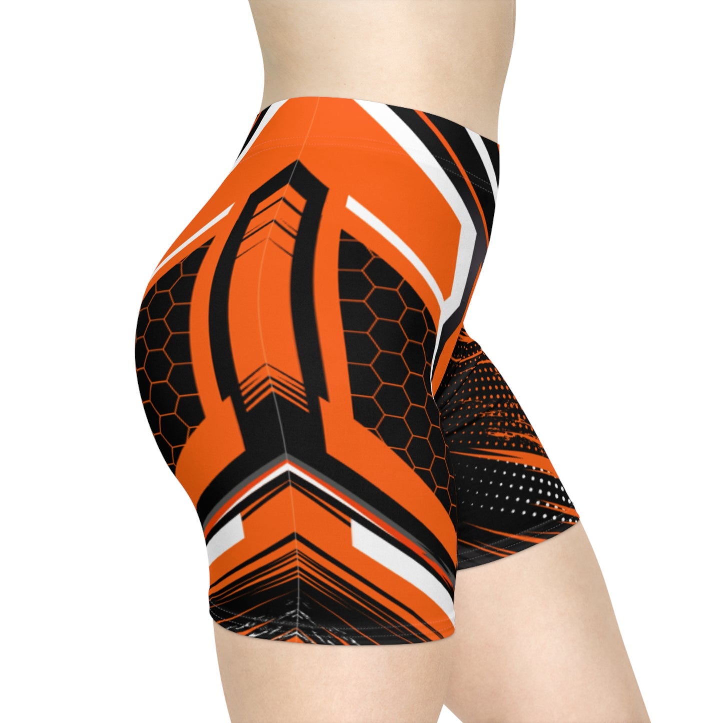 Women Blaze Angular Biker Shorts | Orange & Black Geometric Activewear