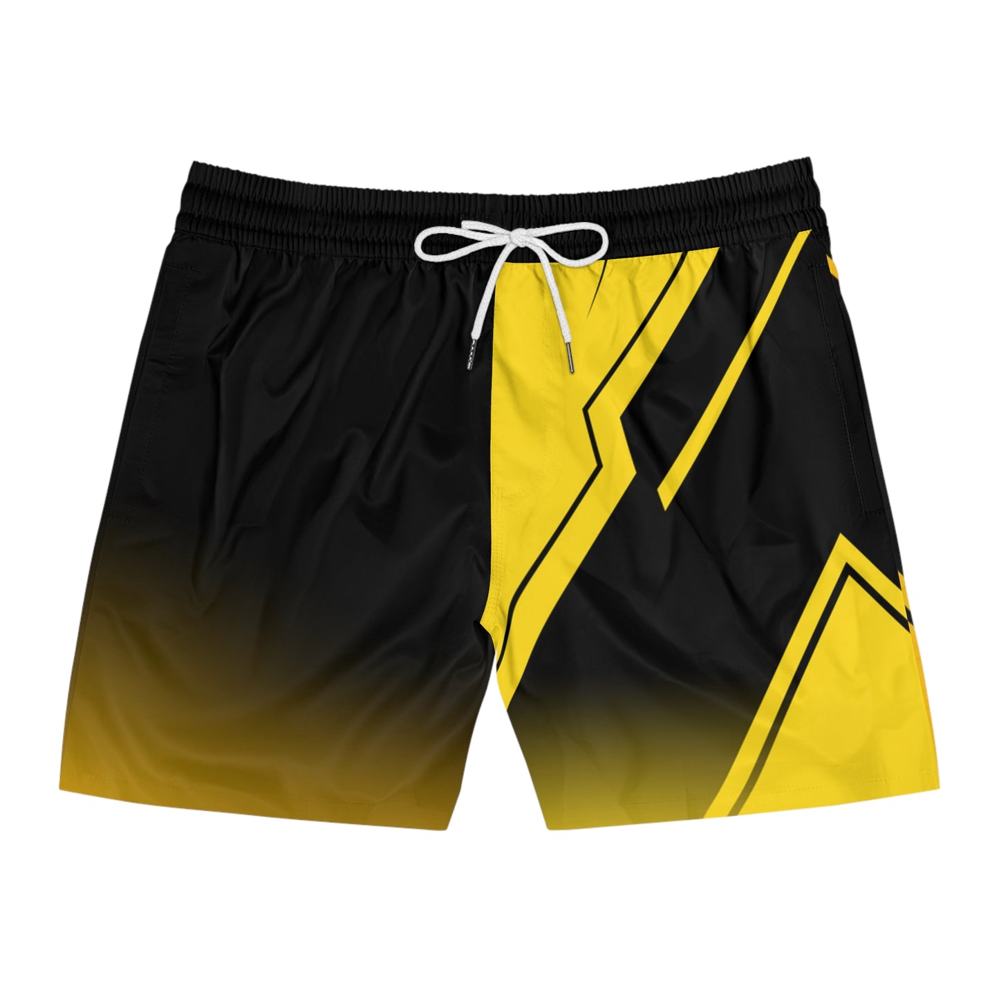 Men's Yellow & Black Geometric Swim Shorts — Bold Chevron Mid-Length Trunks