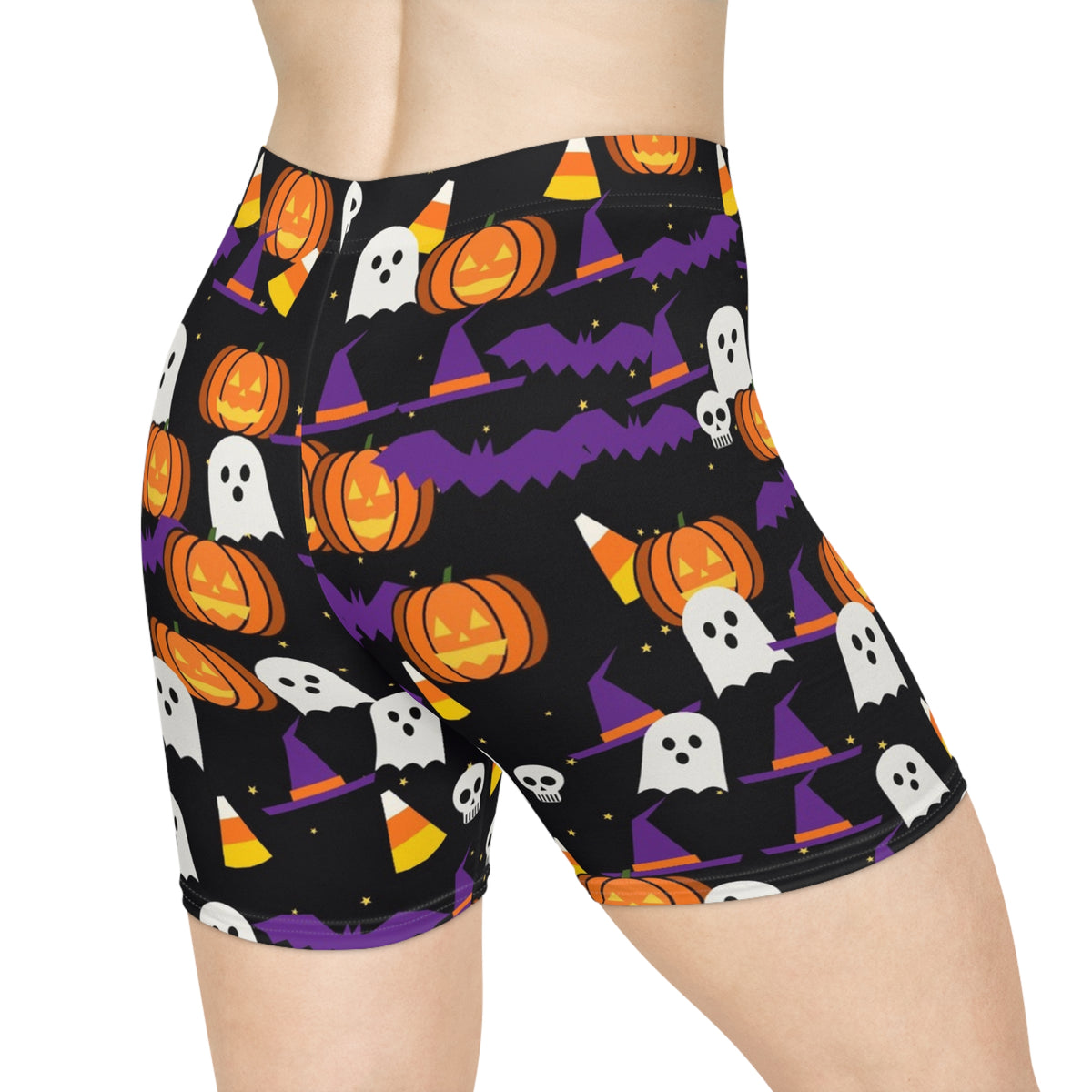 Halloween Midnight Pumpkin Spooky Mix Women's Biker Shorts — High-Waist Workout Shorts