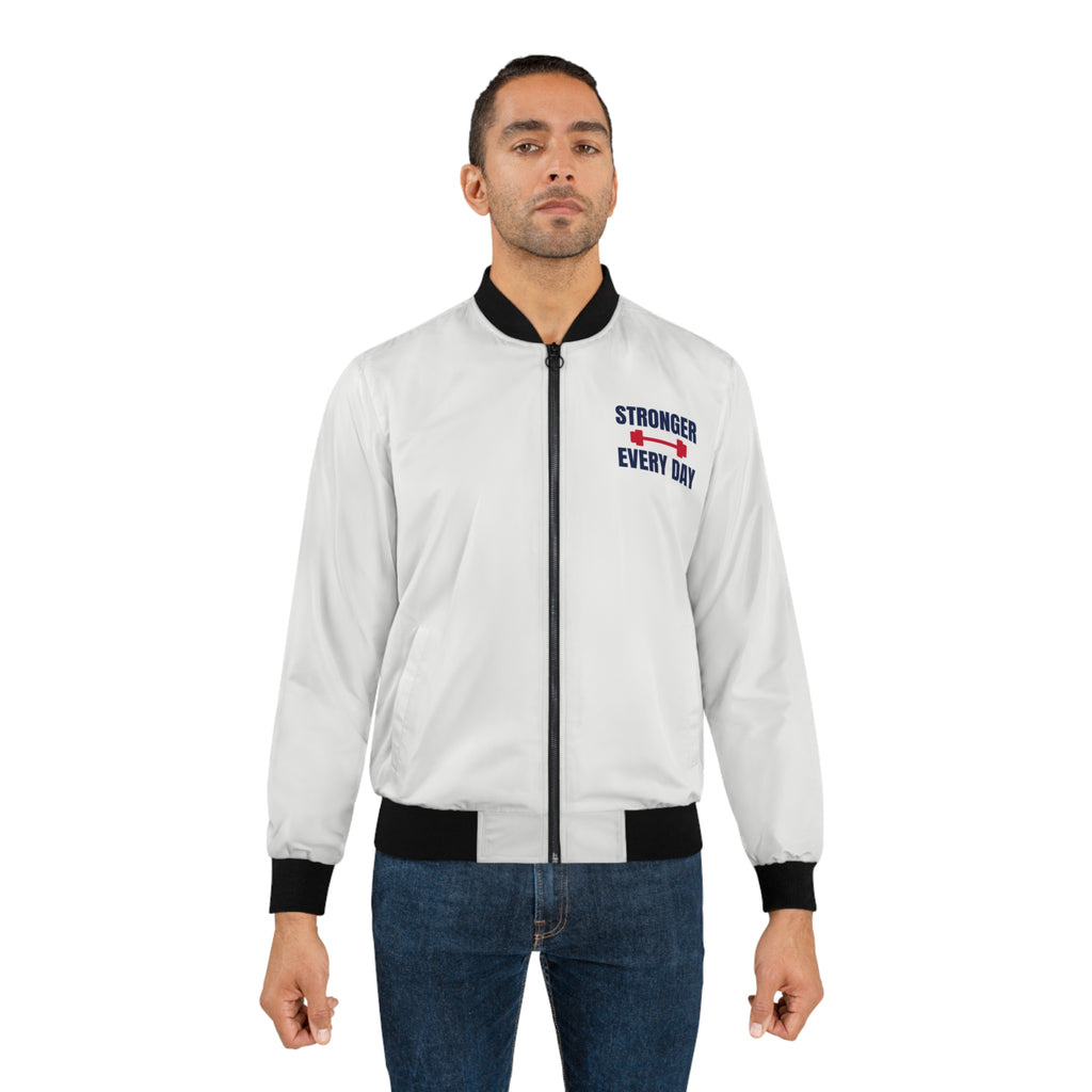 Men's Stronger Every Day Bomber Jacket – White Motivational Gym Jacket