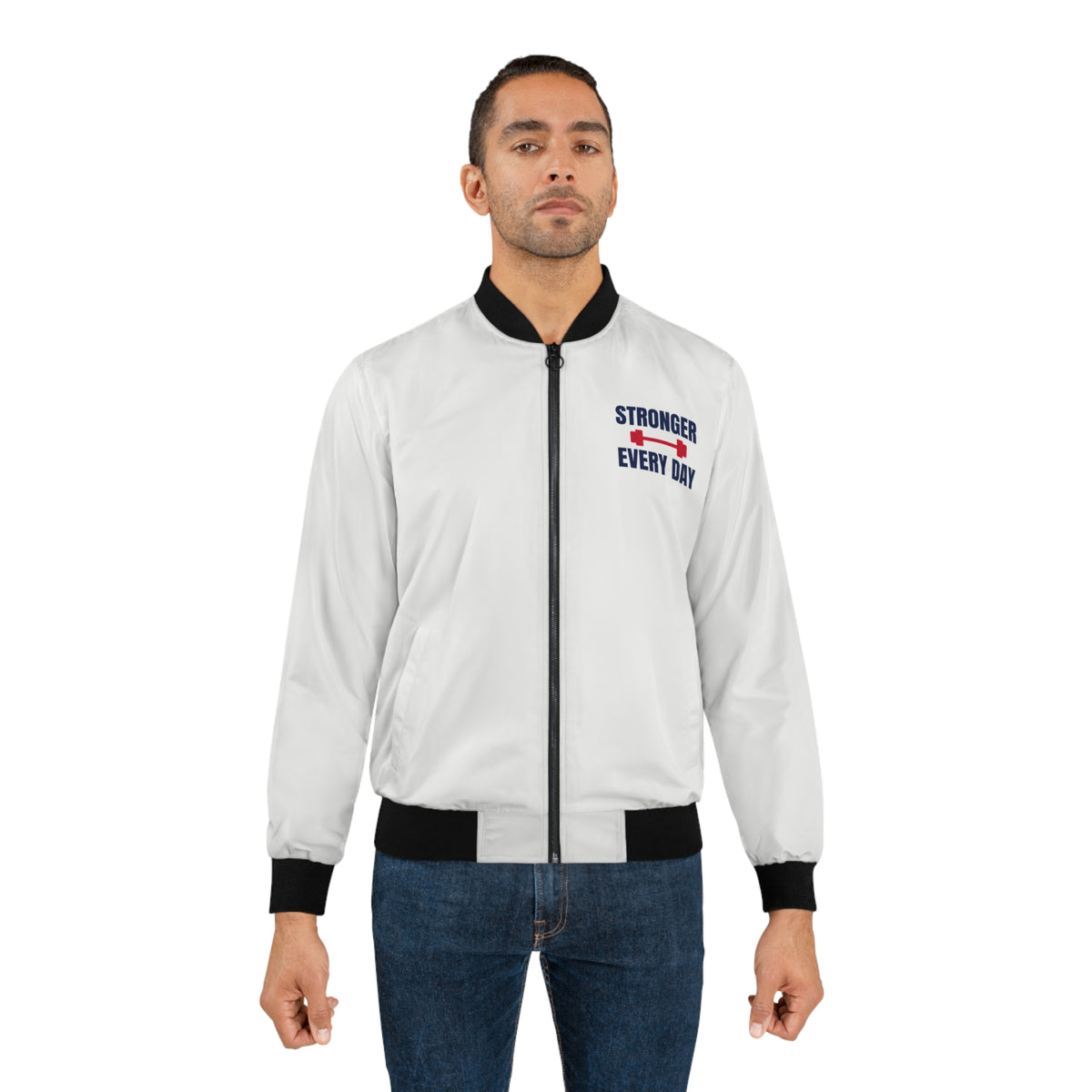 Men's Stronger Every Day Bomber Jacket – White Motivational Gym Jacket