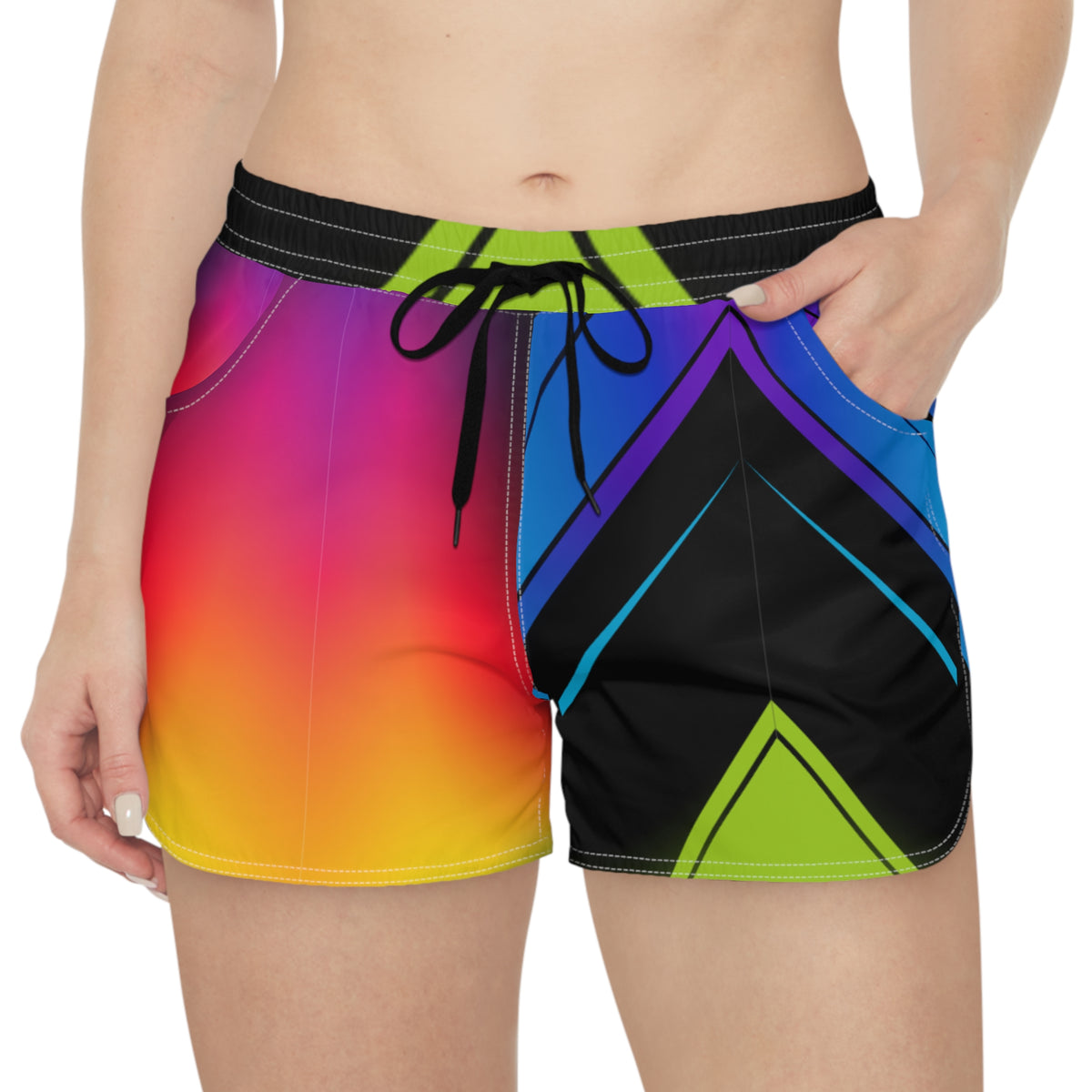 Women's Multipurpose Athletic Shorts with Pockets | Neon Rainbow Geometric