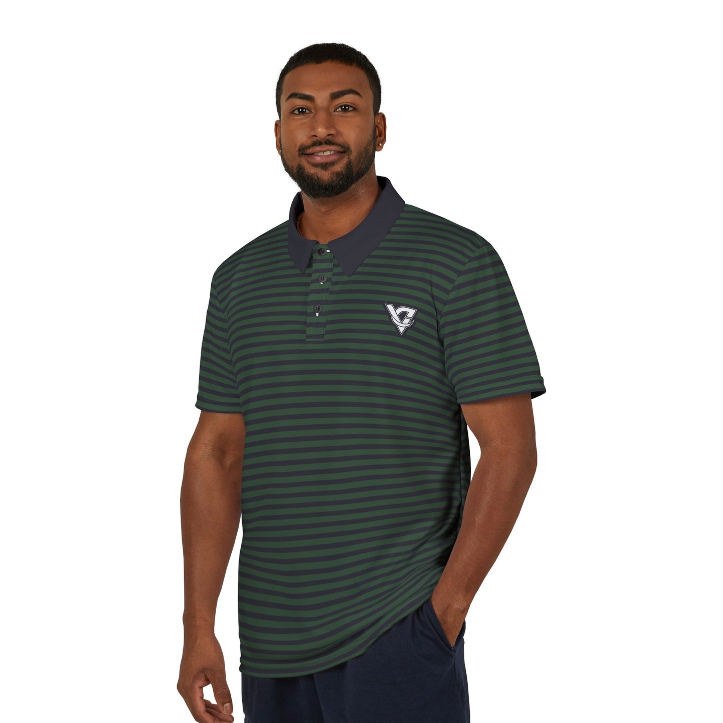 Striped Green Polo Shirt with Subtle Logo — Men's Casual Golf & Workwear
