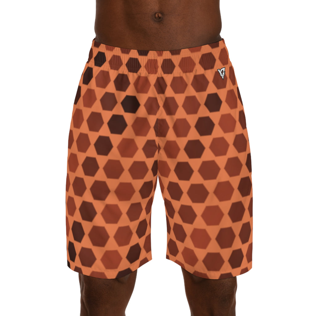 Men's Terracotta Hex Grid Performance Jogger Athletic Shorts with Pockets