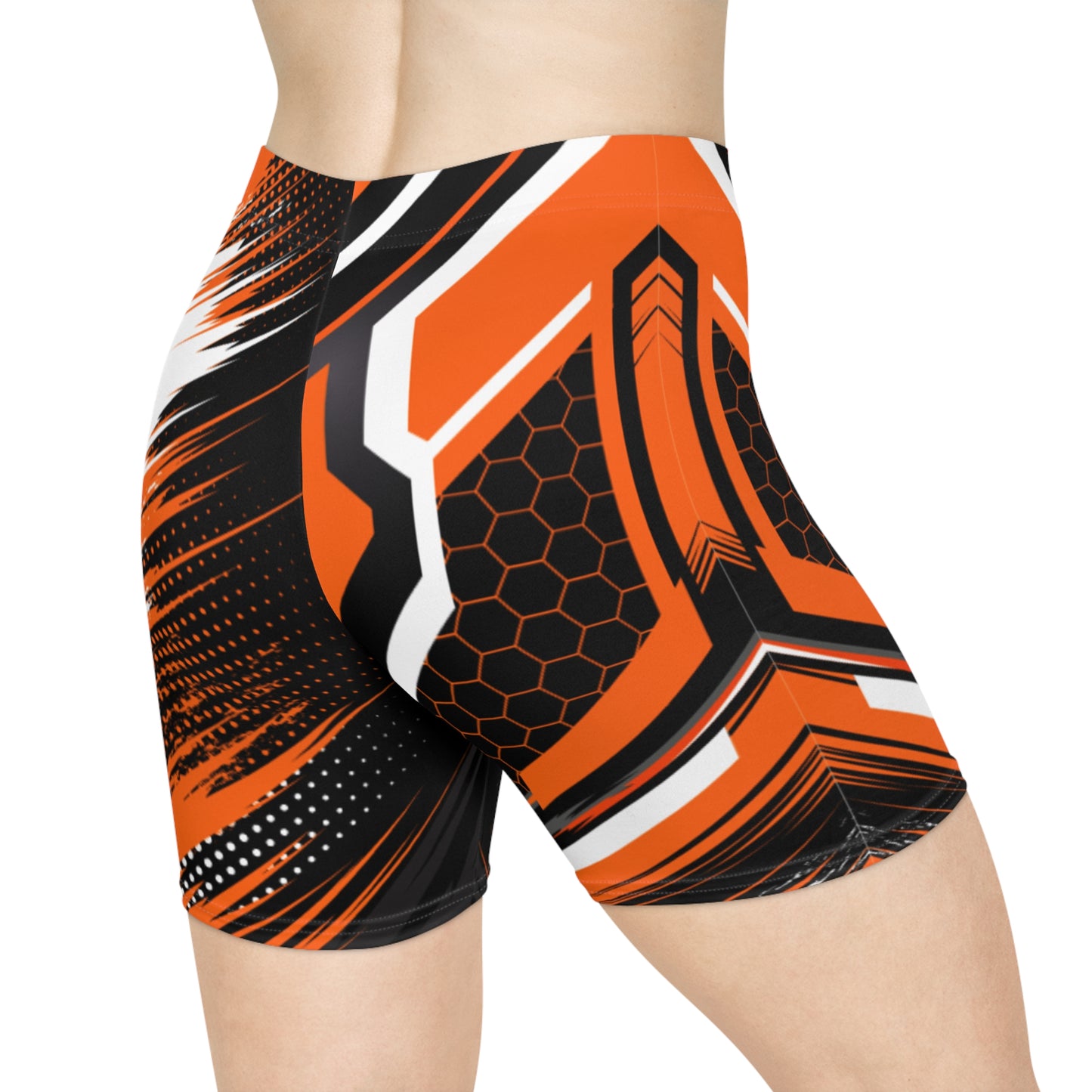 Women Blaze Angular Biker Shorts | Orange & Black Geometric Activewear