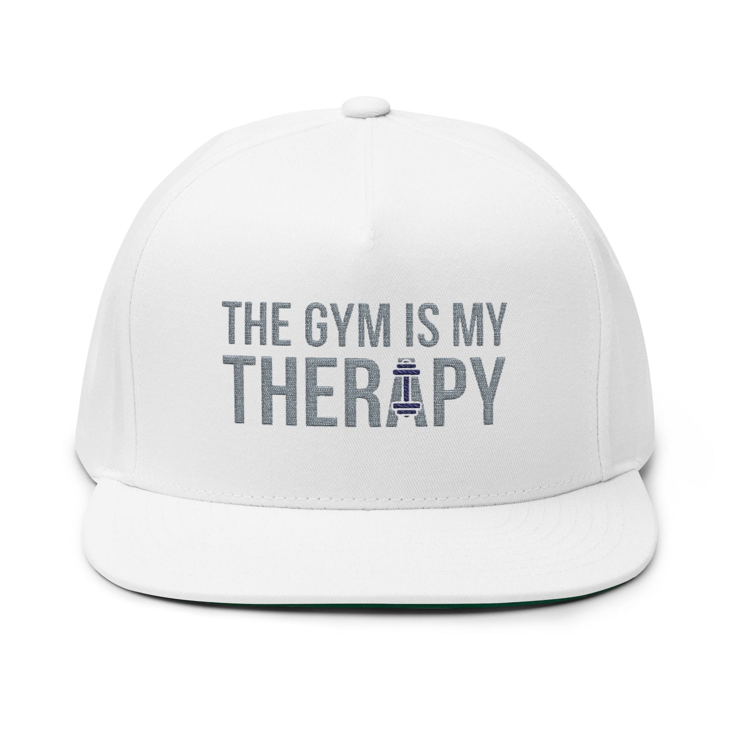 Flat Bill Cap — "The Gym Is My Therapy" Embroidered Fitness Hat