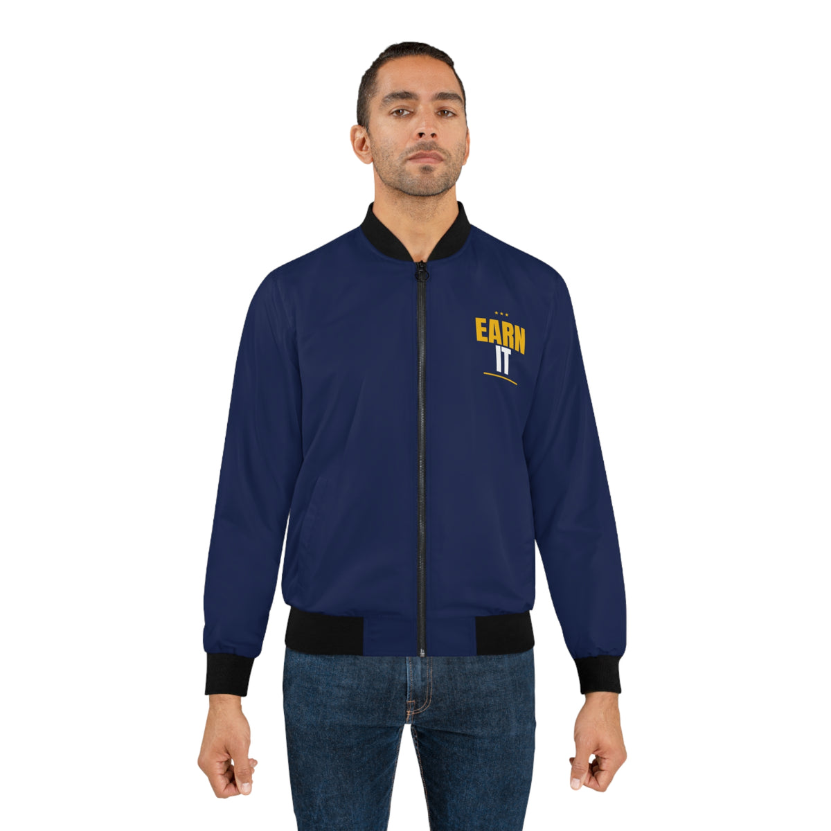 Men's Earn It Bomber Jacket – Navy Motivational Gym Jacket