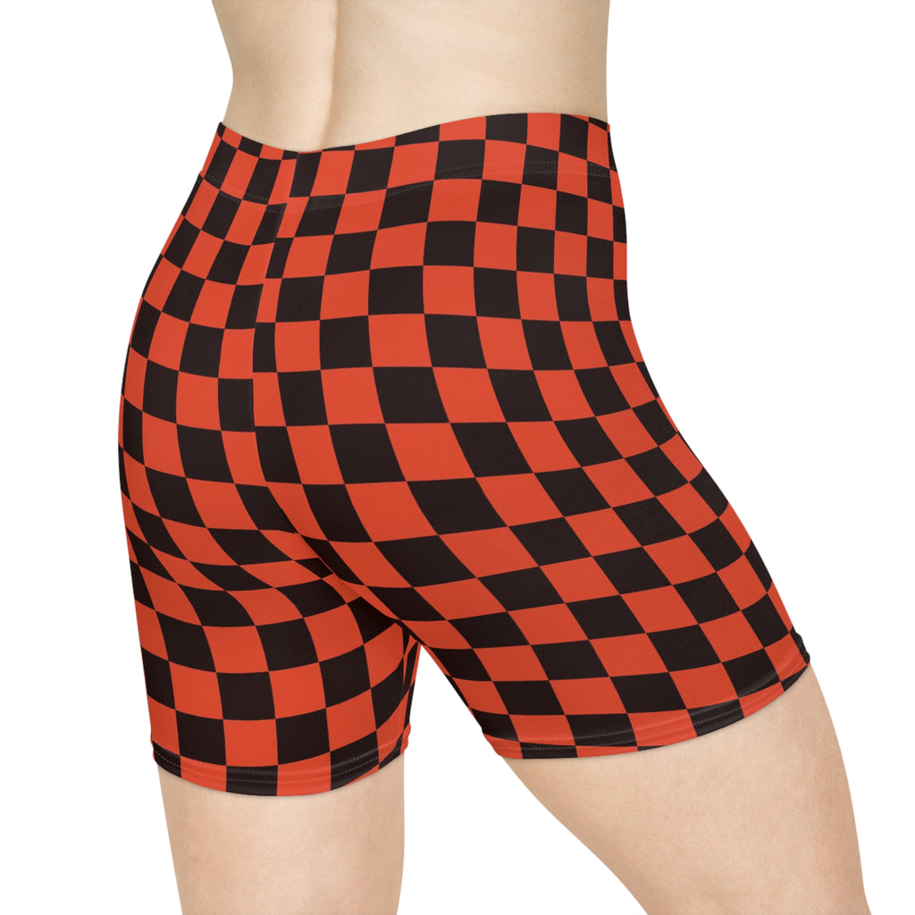 Maple Warp Check Women's Biker Shorts — High-Waist Workout Shorts