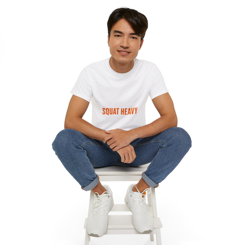 Squat Heavy Tee — Bold Orange Gym Shirt for Weightlifters & CrossFit