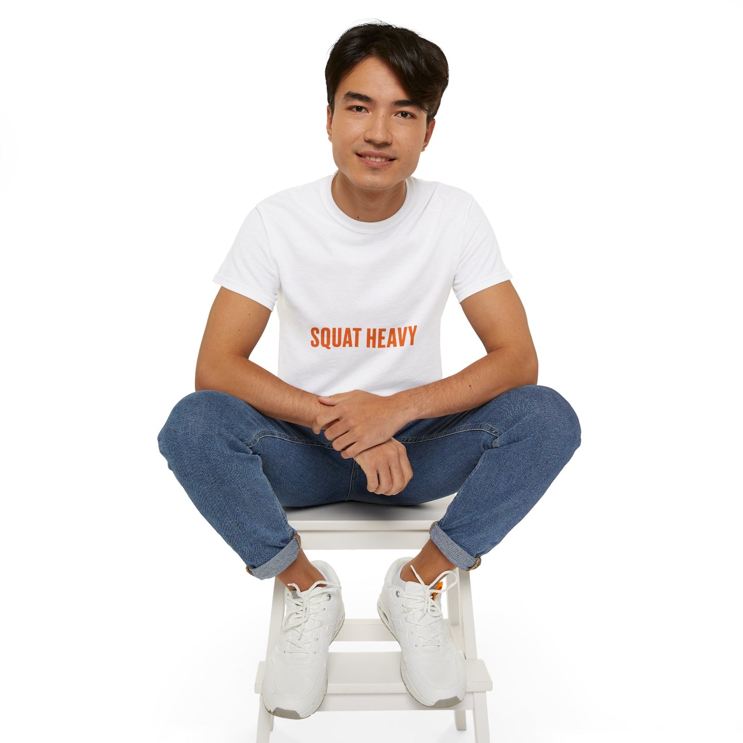 Squat Heavy Tee — Bold Orange Gym Shirt for Weightlifters & CrossFit