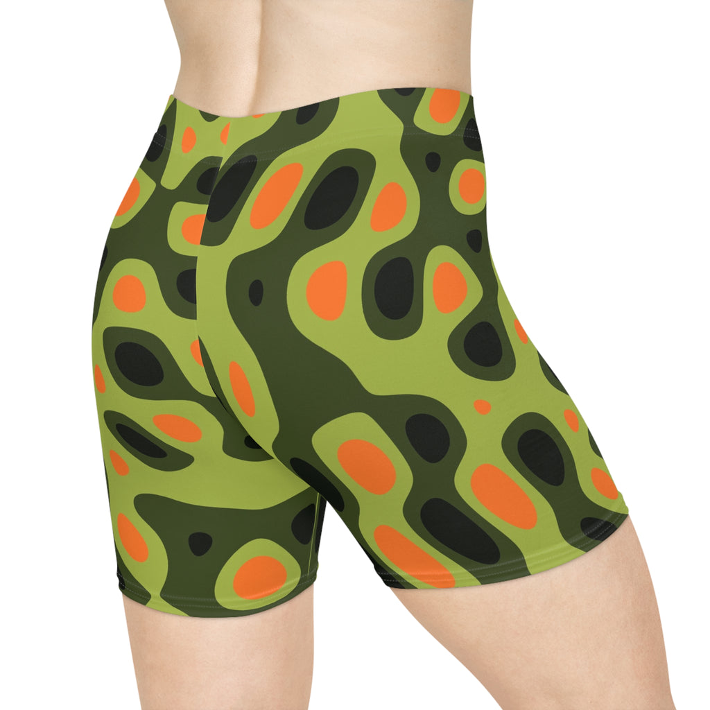Moss Flame Ripple Women's Biker Shorts — High-Waist Workout Shorts