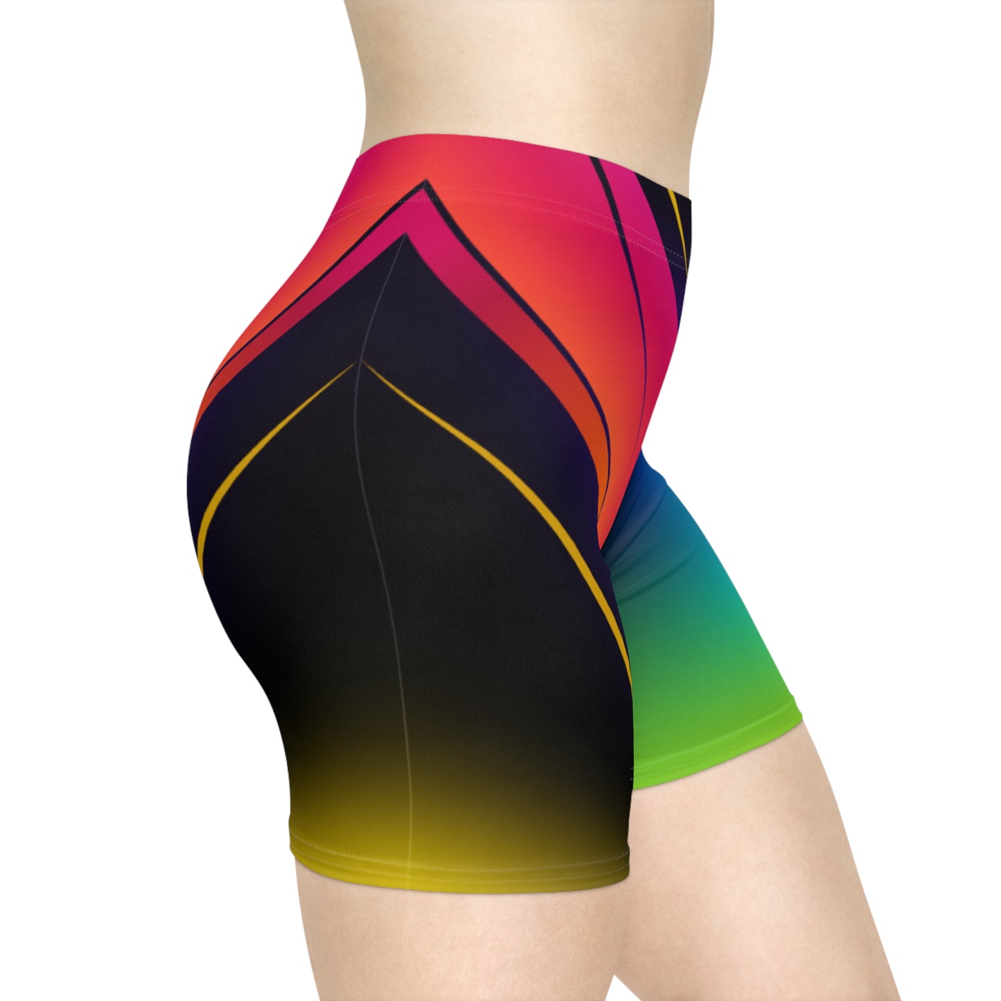 Women Tropic Prism Biker Shorts - Purple-to-Green Rainbow Gradient Activewear